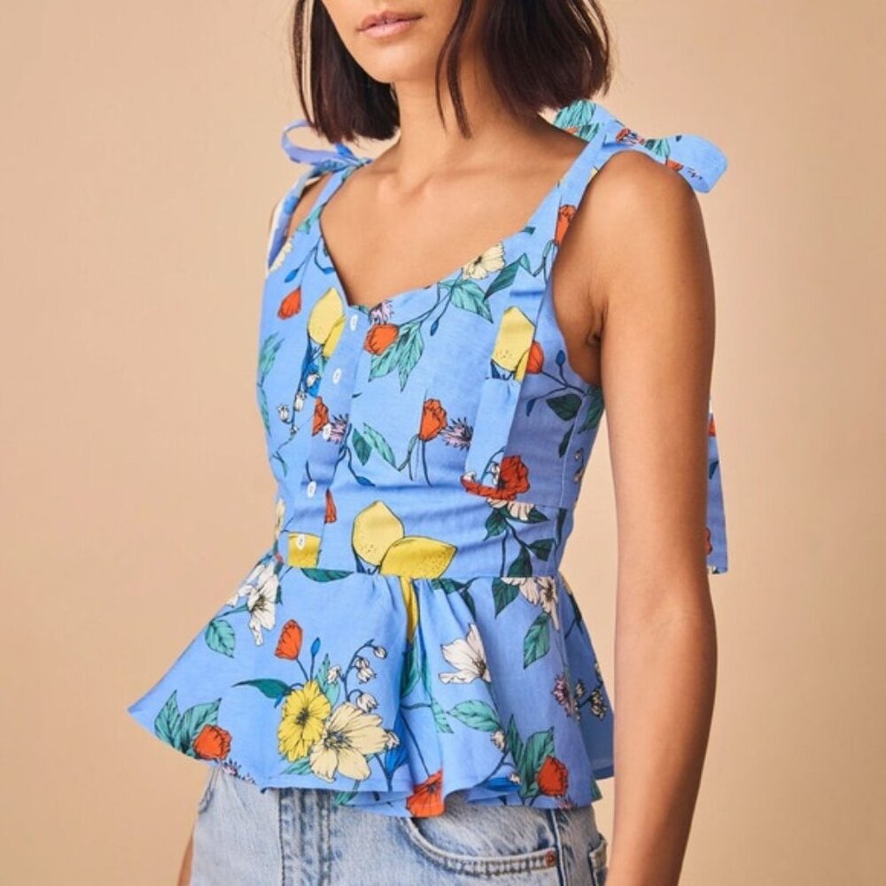 Hunter Bell Blue Floral Tie-Shoulder Peplum Top